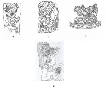 Figure 4: The shell platelet headdress decoration on (a): a ceramic plaque from a workshop directly north of the Ciudadela (b): a ceramic plaque found adjacent to the Ciudadela (c): an unprovenanced ceramic vessel from Teotihuacán (d): an image of Yax Nuun Ahiin I on Stela 31 (Figures adapted from Sugiyama 2005, 63; Cowgill 2015, 230).  